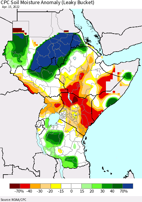 Eastern Africa CPC Soil Moisture Anomaly (Leaky Bucket) Thematic Map For 4/11/2022 - 4/15/2022
