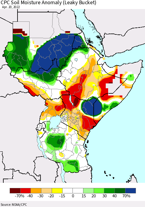 Eastern Africa CPC Soil Moisture Anomaly (Leaky Bucket) Thematic Map For 4/16/2022 - 4/20/2022