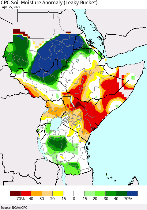 Eastern Africa CPC Soil Moisture Anomaly (Leaky Bucket) Thematic Map For 4/21/2022 - 4/25/2022