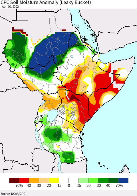 Eastern Africa CPC Soil Moisture Anomaly (Leaky Bucket) Thematic Map For 4/26/2022 - 4/30/2022