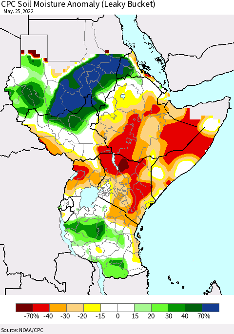 Eastern Africa CPC Soil Moisture Anomaly (Leaky Bucket) Thematic Map For 5/21/2022 - 5/25/2022