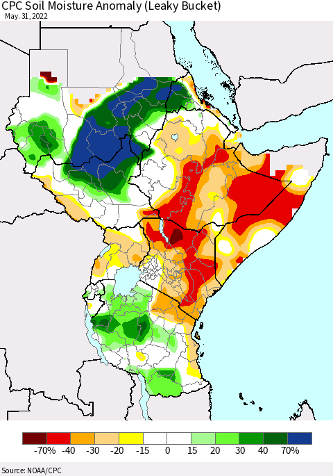 Eastern Africa CPC Soil Moisture Anomaly (Leaky Bucket) Thematic Map For 5/26/2022 - 5/31/2022