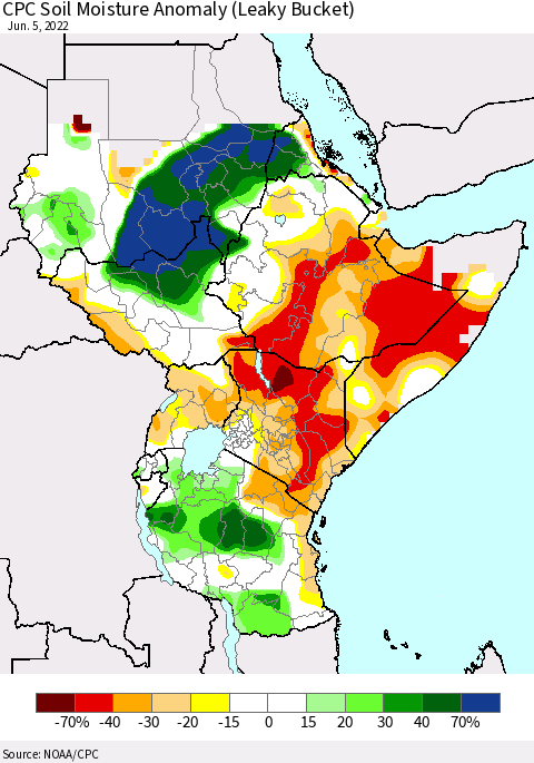 Eastern Africa CPC Soil Moisture Anomaly (Leaky Bucket) Thematic Map For 6/1/2022 - 6/5/2022