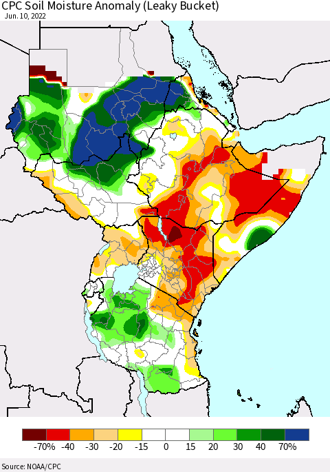 Eastern Africa CPC Soil Moisture Anomaly (Leaky Bucket) Thematic Map For 6/6/2022 - 6/10/2022
