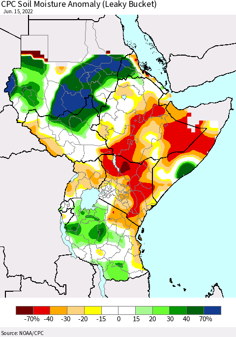 Eastern Africa CPC Soil Moisture Anomaly (Leaky Bucket) Thematic Map For 6/11/2022 - 6/15/2022