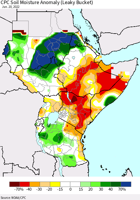 Eastern Africa CPC Soil Moisture Anomaly (Leaky Bucket) Thematic Map For 6/16/2022 - 6/20/2022