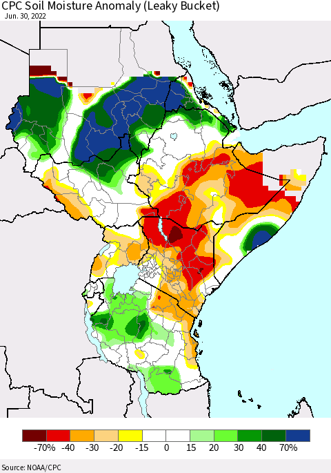 Eastern Africa CPC Soil Moisture Anomaly (Leaky Bucket) Thematic Map For 6/26/2022 - 6/30/2022