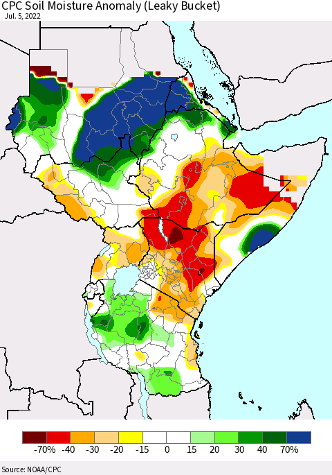 Eastern Africa CPC Soil Moisture Anomaly (Leaky Bucket) Thematic Map For 7/1/2022 - 7/5/2022