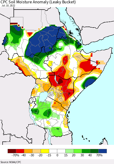 Eastern Africa CPC Soil Moisture Anomaly (Leaky Bucket) Thematic Map For 7/6/2022 - 7/10/2022