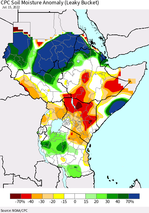 Eastern Africa CPC Soil Moisture Anomaly (Leaky Bucket) Thematic Map For 7/11/2022 - 7/15/2022