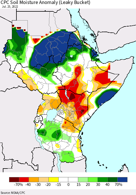 Eastern Africa CPC Soil Moisture Anomaly (Leaky Bucket) Thematic Map For 7/21/2022 - 7/25/2022