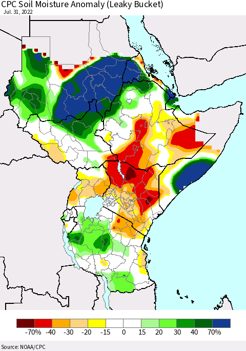 Eastern Africa CPC Soil Moisture Anomaly (Leaky Bucket) Thematic Map For 7/26/2022 - 7/31/2022