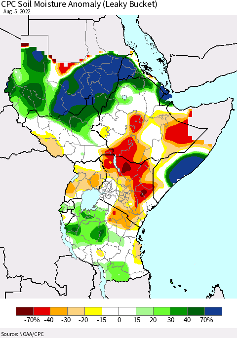 Eastern Africa CPC Soil Moisture Anomaly (Leaky Bucket) Thematic Map For 8/1/2022 - 8/5/2022