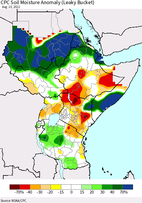 Eastern Africa CPC Soil Moisture Anomaly (Leaky Bucket) Thematic Map For 8/6/2022 - 8/10/2022