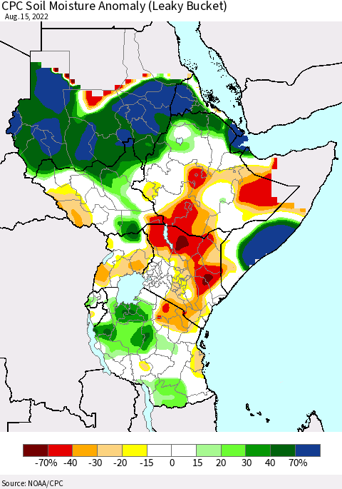 Eastern Africa CPC Soil Moisture Anomaly (Leaky Bucket) Thematic Map For 8/11/2022 - 8/15/2022