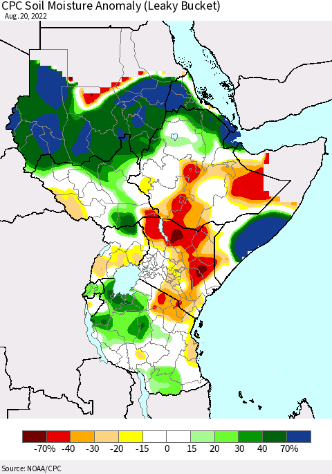 Eastern Africa CPC Soil Moisture Anomaly (Leaky Bucket) Thematic Map For 8/16/2022 - 8/20/2022