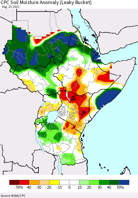 Eastern Africa CPC Soil Moisture Anomaly (Leaky Bucket) Thematic Map For 8/21/2022 - 8/25/2022