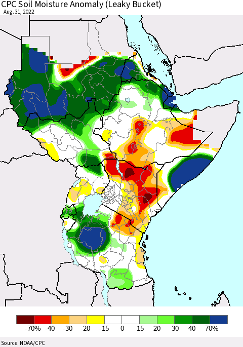 Eastern Africa CPC Soil Moisture Anomaly (Leaky Bucket) Thematic Map For 8/26/2022 - 8/31/2022