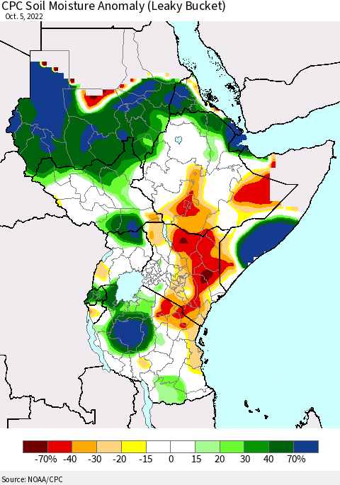 Eastern Africa CPC Soil Moisture Anomaly (Leaky Bucket) Thematic Map For 10/1/2022 - 10/5/2022