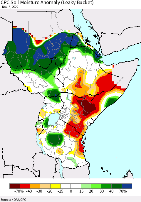 Eastern Africa CPC Soil Moisture Anomaly (Leaky Bucket) Thematic Map For 11/1/2022 - 11/5/2022