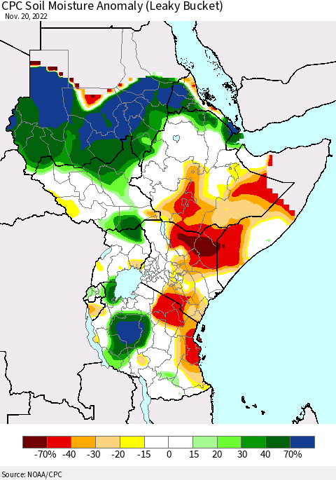 Eastern Africa CPC Soil Moisture Anomaly (Leaky Bucket) Thematic Map For 11/16/2022 - 11/20/2022