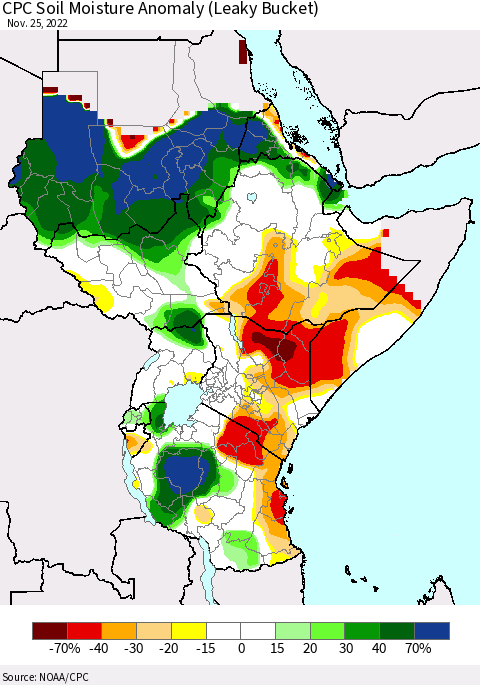 Eastern Africa CPC Soil Moisture Anomaly (Leaky Bucket) Thematic Map For 11/21/2022 - 11/25/2022