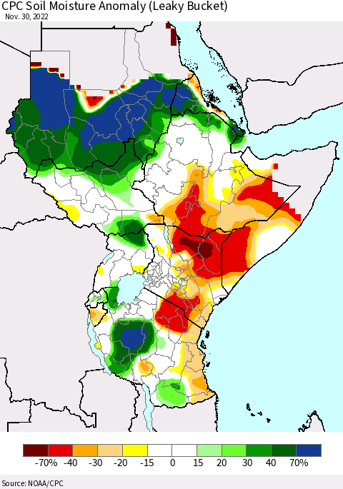 Eastern Africa CPC Soil Moisture Anomaly (Leaky Bucket) Thematic Map For 11/26/2022 - 11/30/2022