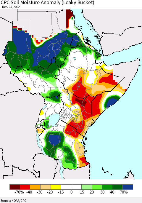 Eastern Africa CPC Soil Moisture Anomaly (Leaky Bucket) Thematic Map For 12/21/2022 - 12/25/2022