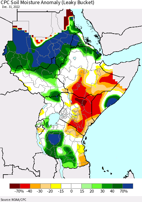 Eastern Africa CPC Soil Moisture Anomaly (Leaky Bucket) Thematic Map For 12/26/2022 - 12/31/2022