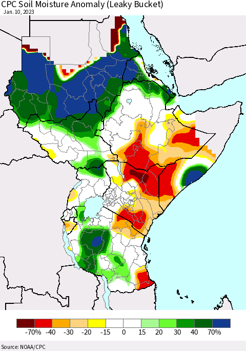 Eastern Africa CPC Soil Moisture Anomaly (Leaky Bucket) Thematic Map For 1/6/2023 - 1/10/2023
