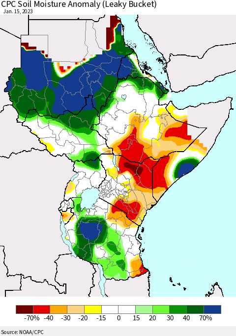 Eastern Africa CPC Soil Moisture Anomaly (Leaky Bucket) Thematic Map For 1/11/2023 - 1/15/2023