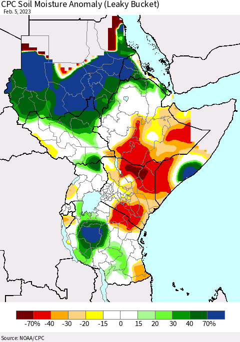 Eastern Africa CPC Soil Moisture Anomaly (Leaky Bucket) Thematic Map For 2/1/2023 - 2/5/2023
