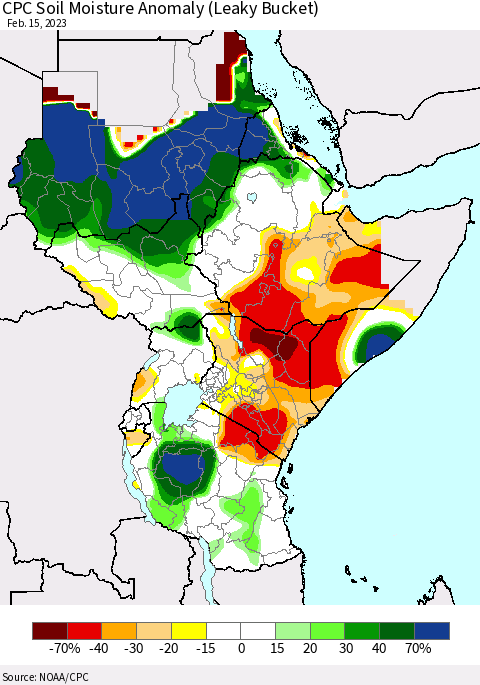 Eastern Africa CPC Soil Moisture Anomaly (Leaky Bucket) Thematic Map For 2/11/2023 - 2/15/2023