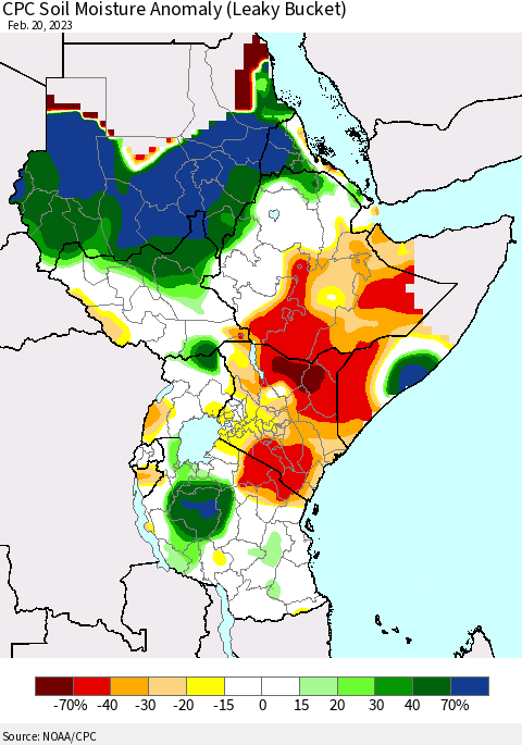 Eastern Africa CPC Soil Moisture Anomaly (Leaky Bucket) Thematic Map For 2/16/2023 - 2/20/2023