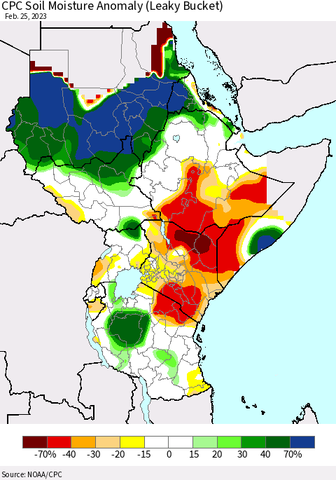 Eastern Africa CPC Soil Moisture Anomaly (Leaky Bucket) Thematic Map For 2/21/2023 - 2/25/2023