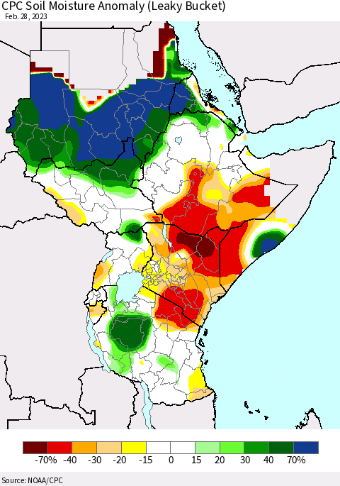 Eastern Africa CPC Soil Moisture Anomaly (Leaky Bucket) Thematic Map For 2/26/2023 - 2/28/2023