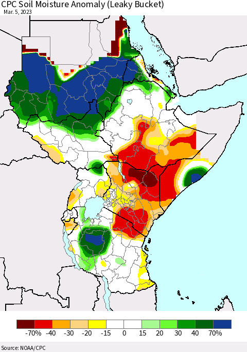 Eastern Africa CPC Soil Moisture Anomaly (Leaky Bucket) Thematic Map For 3/1/2023 - 3/5/2023