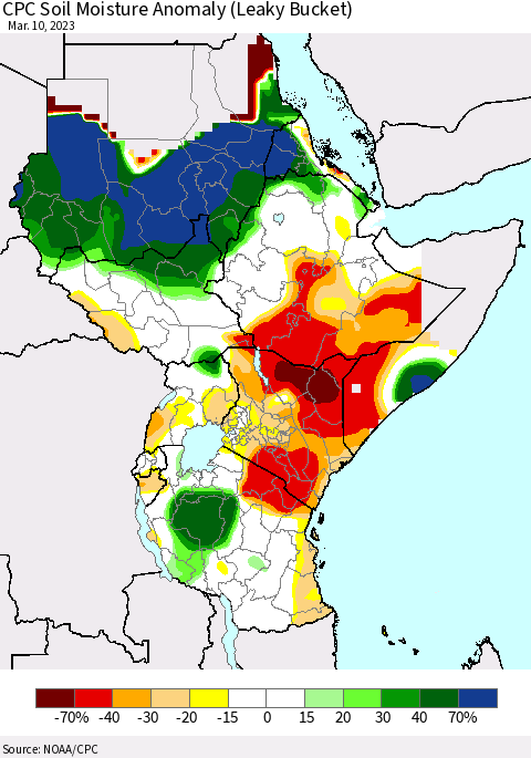 Eastern Africa CPC Soil Moisture Anomaly (Leaky Bucket) Thematic Map For 3/6/2023 - 3/10/2023