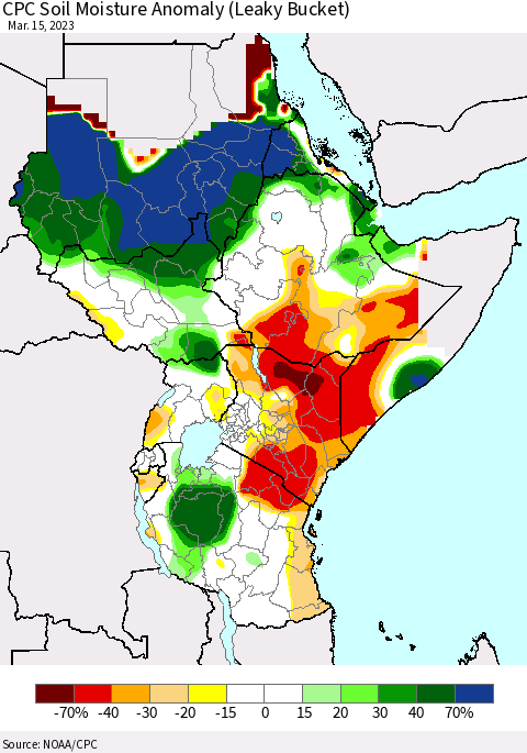 Eastern Africa CPC Soil Moisture Anomaly (Leaky Bucket) Thematic Map For 3/11/2023 - 3/15/2023