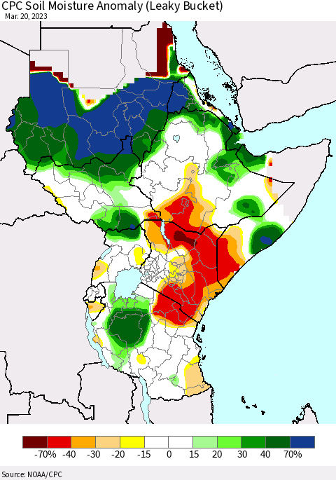 Eastern Africa CPC Soil Moisture Anomaly (Leaky Bucket) Thematic Map For 3/16/2023 - 3/20/2023