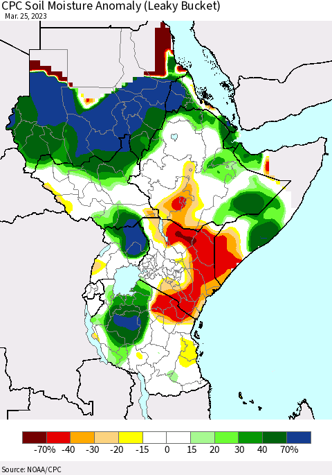 Eastern Africa CPC Soil Moisture Anomaly (Leaky Bucket) Thematic Map For 3/21/2023 - 3/25/2023