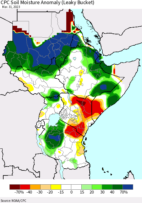 Eastern Africa CPC Soil Moisture Anomaly (Leaky Bucket) Thematic Map For 3/26/2023 - 3/31/2023