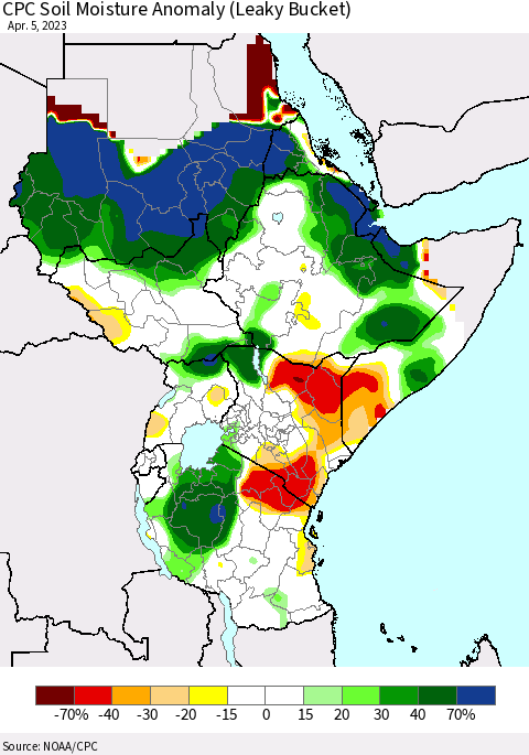 Eastern Africa CPC Soil Moisture Anomaly (Leaky Bucket) Thematic Map For 4/1/2023 - 4/5/2023
