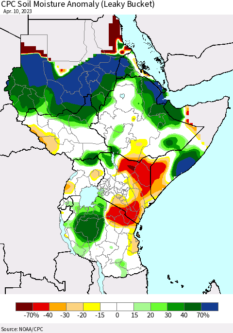 Eastern Africa CPC Soil Moisture Anomaly (Leaky Bucket) Thematic Map For 4/6/2023 - 4/10/2023