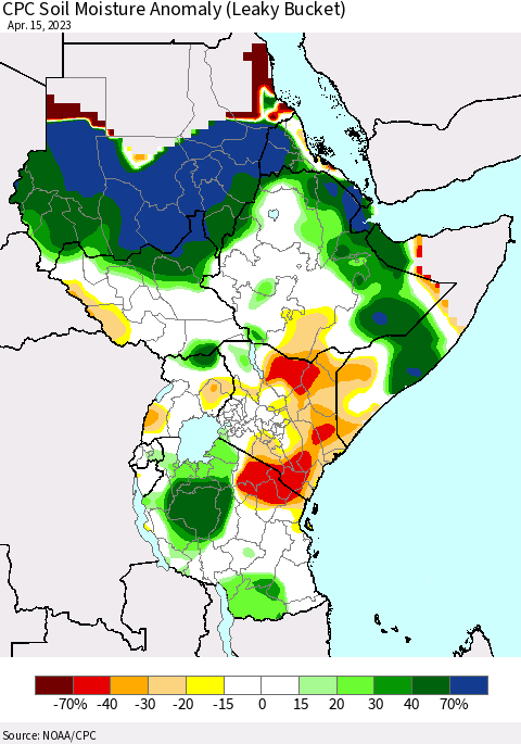 Eastern Africa CPC Soil Moisture Anomaly (Leaky Bucket) Thematic Map For 4/11/2023 - 4/15/2023