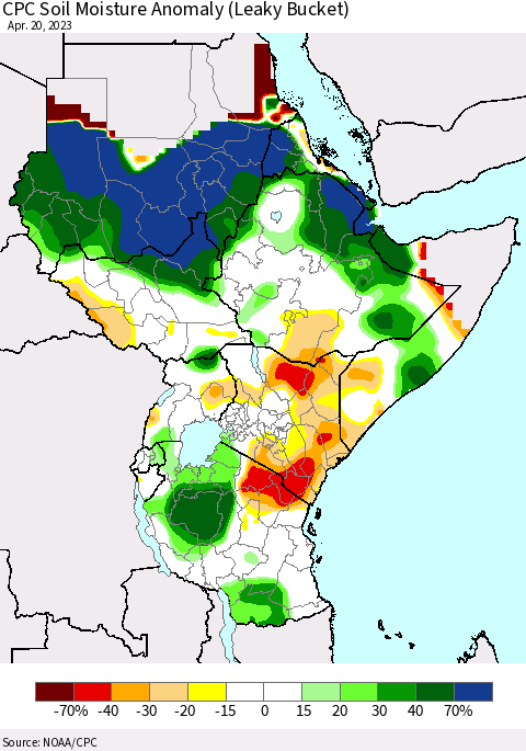 Eastern Africa CPC Soil Moisture Anomaly (Leaky Bucket) Thematic Map For 4/16/2023 - 4/20/2023