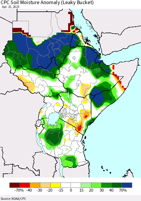 Eastern Africa CPC Soil Moisture Anomaly (Leaky Bucket) Thematic Map For 4/21/2023 - 4/25/2023