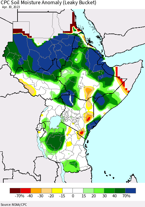 Eastern Africa CPC Soil Moisture Anomaly (Leaky Bucket) Thematic Map For 4/26/2023 - 4/30/2023