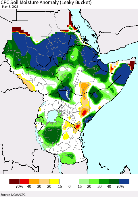 Eastern Africa CPC Soil Moisture Anomaly (Leaky Bucket) Thematic Map For 5/1/2023 - 5/5/2023