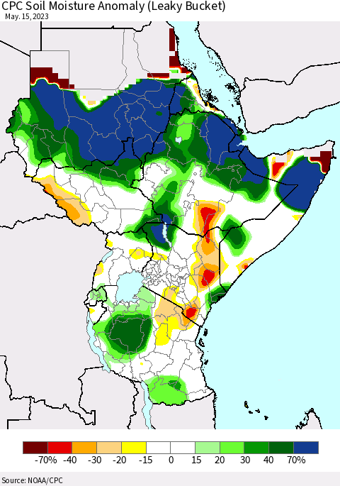 Eastern Africa CPC Soil Moisture Anomaly (Leaky Bucket) Thematic Map For 5/11/2023 - 5/15/2023